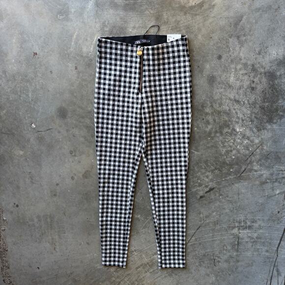 Zara Legging High-Rise Womens S White Black Gingham Plaid Checkered Skinny Pants - Picture 1 of 14